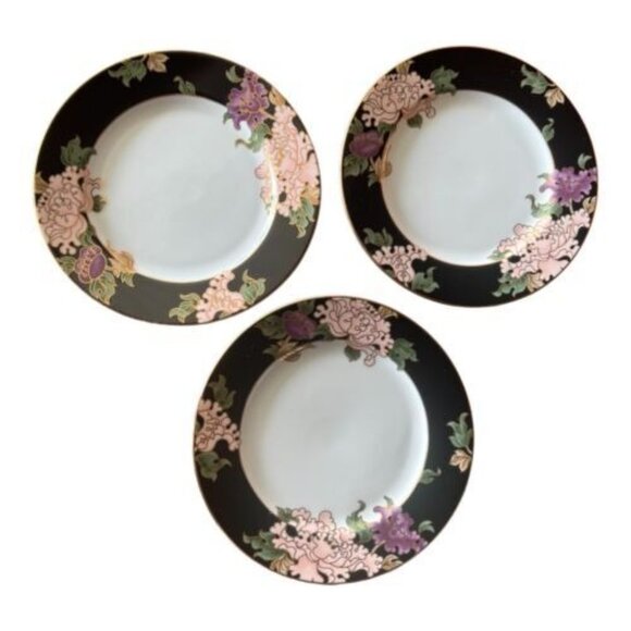 Fitz & Floyd Cloisonne Peony Black 7.5" Salad Plates Lot of 3 - Picture 3 of 3